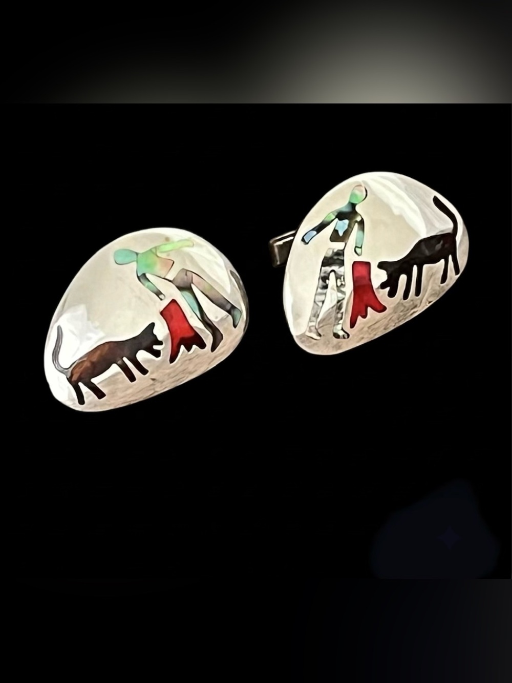 Vintage Taxco 925 Sterling Silver Matador and Bull Inlay Cufflinks Mexican 13g